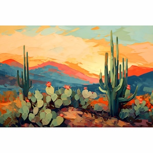Desert Botanical Garden Print Arizona Landscape Painting Green Orange Wall Art Cactus Botanical Artwork Phoenix Travel Poster