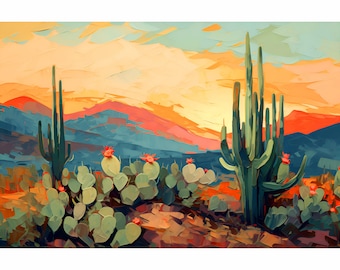 Desert Botanical Garden Print Arizona Landscape Painting Green Orange Wall Art Cactus Botanical Artwork Phoenix Travel Poster