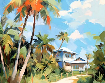 Key West Painting Florida Travel Art Beach Art Print Tropical Landscape Key West Cottage Whimsical Painting Colorful Print
