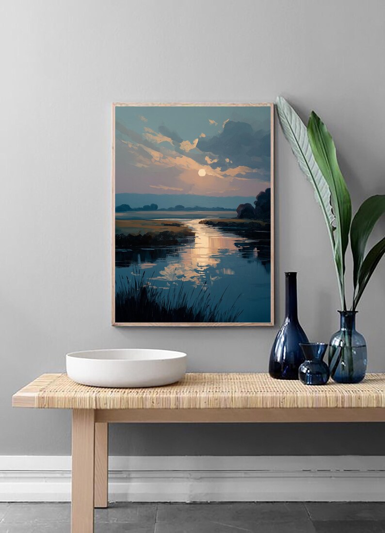 Moonlit River – Night Landscape Print, Full Moon Giclée Painting ...