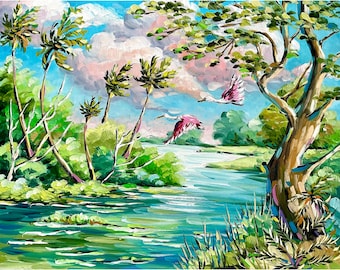 Everglades National Park Print from Original Oil Painting Florida Landscape Swamp Spoonbills Art Florida Marshland River Nature Wall Art