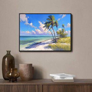 May include: A framed painting of a tropical beach scene with palm trees, white sand, and blue water. The sky is a bright blue with white clouds.