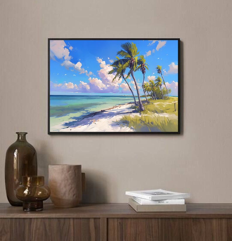 May include: A framed painting of a tropical beach scene with palm trees, white sand, and blue water. The sky is a bright blue with white clouds.