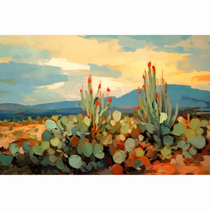 Texas Marfa Print Cactus Desert Landscape Painting Western Texas Decor Prickly Pear Cactus Poster Botanical Wall Art