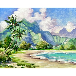 Waikiki Beach Hawaii Painting Hawaiian Landscape Art Print Oahu Beach Wall Art Vintage Hawaii Poster Large Beach Travel Print