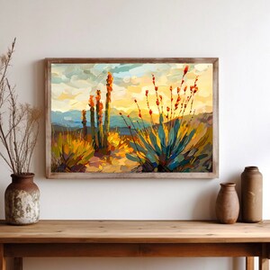 May include: A painting of a desert landscape with tall cacti and a large agave plant in the foreground. The sky is a vibrant yellow and orange, with clouds painted in a loose, impressionistic style.