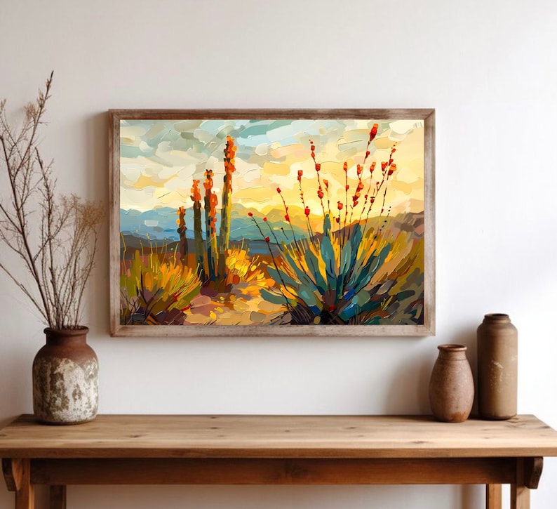 May include: A painting of a desert landscape with tall cacti and a large agave plant in the foreground. The sky is a vibrant yellow and orange, with clouds painted in a loose, impressionistic style.
