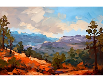 May include: A painting of a mountain landscape with a blue sky and white clouds. The mountains are painted in shades of blue, purple, and green. The foreground is a hillside with orange and brown hues. There are trees on the hillside and in the distance.