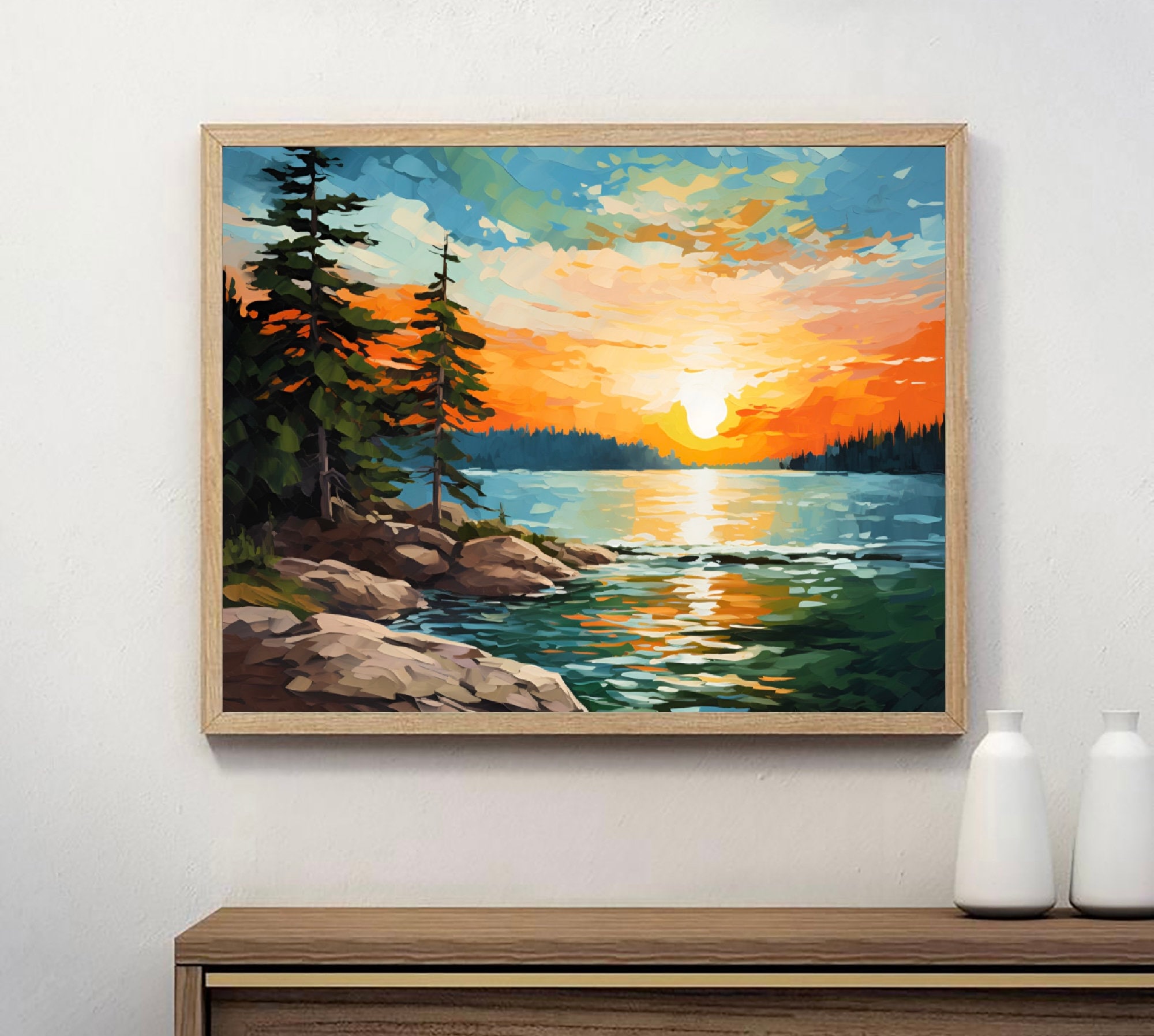 Sunrise Forest Lake Painting Neutral Brown Green Landscape Wisconsin ...