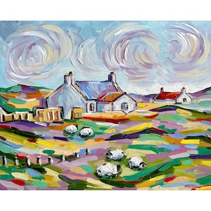 Scotland Print Painting Country Landscape Original Art Vintage Farmhouse Wall Decor Rustic Wall Art