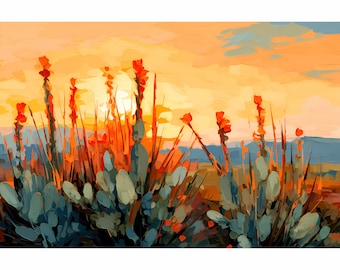 Puede incluir: Una pintura de un paisaje desértico al atardecer con plantas altas y espinosas en primer plano. El cielo es de un naranja y amarillo vibrantes, con toques de azul y morado. Las plantas son de un verde intenso, con flores rojas que florecen en la parte superior.