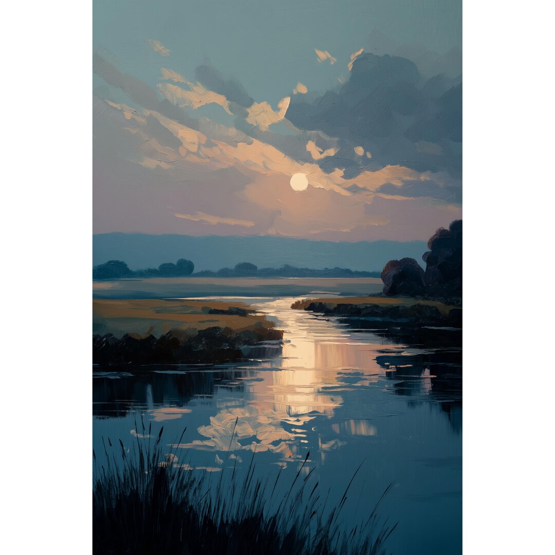 Moonlit River – Night Landscape Print, Full Moon Giclée Painting ...