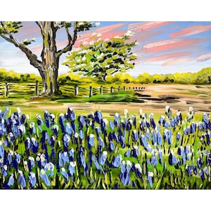 Texas Bluebonnets Painting Landscape Art Print Floral Wall Art Texas Flowers Print from Original Oil Painting