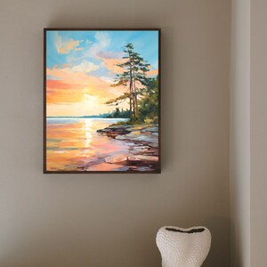 Sunrise Forest Lake Painting Neutral Landscape Wisconsin Art Print Pine ...