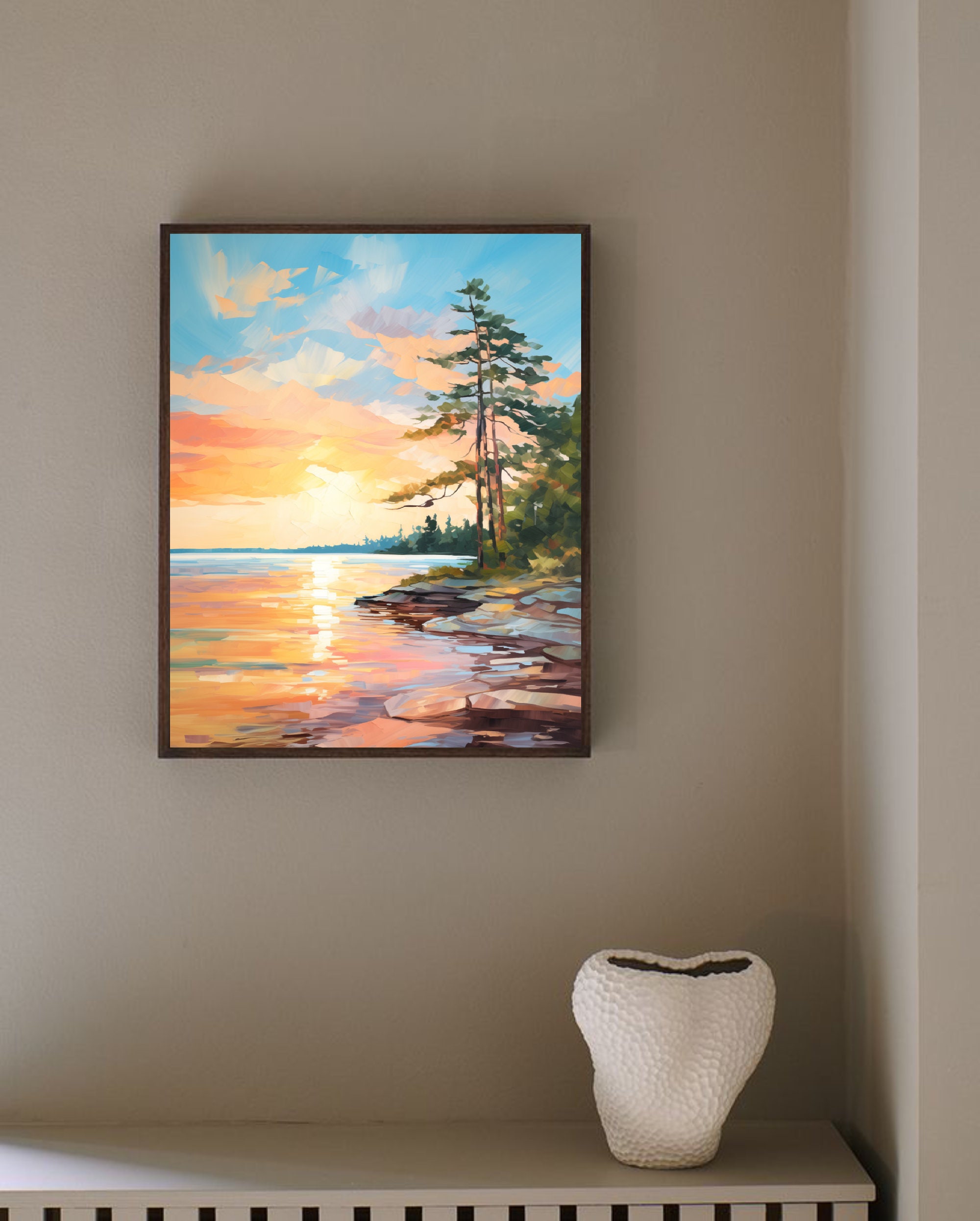 Sunrise Forest Lake Painting Neutral Landscape Wisconsin Art Print Pine ...
