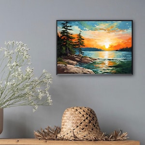 Sunrise Forest Lake Painting Neutral Brown Green Landscape Wisconsin ...