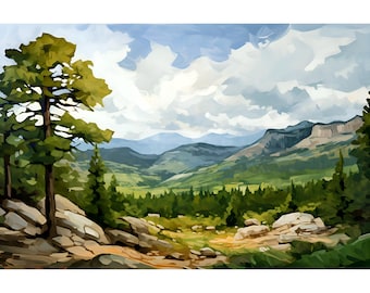 May include: A painting of a mountain landscape with a large pine tree in the foreground. The sky is blue with white clouds and the mountains are green and brown. There are rocks in the foreground and a valley in the distance.
