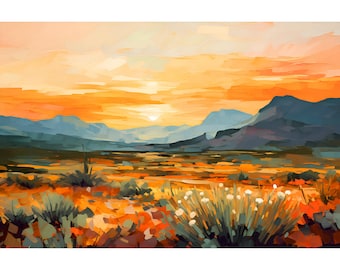 May include: An abstract landscape painting depicting a desert scene at sunset. The sky is a blend of orange and yellow hues, with a setting sun. Mountains are in the background, and the foreground features desert plants in shades of orange and green.