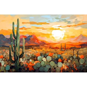 May include: An abstract painting of a desert landscape at sunset. The artwork features a large saguaro cactus, prickly pear cacti, and mountains under a vibrant orange and yellow sky. The style is impressionistic.