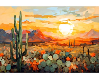 Puede incluir: Pintura abstracta de un paisaje desértico al atardecer. La obra presenta un gran cactus saguaro, cactus de nopal y montañas bajo un cielo vibrante naranja y amarillo. El estilo es impresionista.
