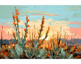 Enchanted Rock State Park Texas Painting Western Desert Landscape Botanical Art Print Agave Cactus Decor Wild West Art