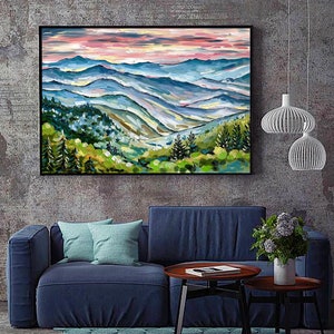 May include: A painting of a mountain landscape with a blue, green, and brown color scheme. The mountains are layered and appear to be in the distance. The sky is a light pink and orange color.