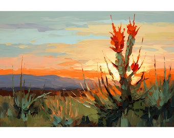 Big Bend Cactus Painting Pink Desert Sunset Print Texas Southwestern Wall Art Vintage Midcentury Modern Art Botanical Landscape Poster