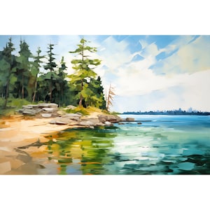 Lake Huron Travel Poster Michigan Landscape Painting Shoreline Wall Art Great Lakes Art Print Panoramic Wall Art Lake House Decor
