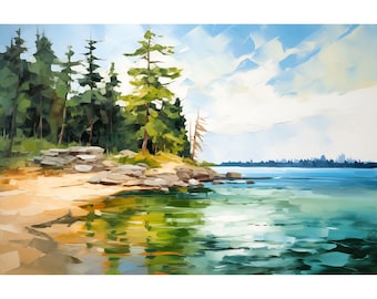 Lake Huron Travel Poster Michigan Landscape Painting Shoreline Wall Art Great Lakes Art Print Panoramic Wall Art Lake House Decor