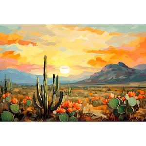 Cactus Botanical Print Big Bend National Park Poster Texas Landscape Painting Panoramic Mountains Wall Art San Antonio Travel Gift Art