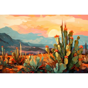 Abstract Desert Botanical Print Painted Desert Arizona Art Cactus Plant Painting Southwestern Wall Art Green Orange Colorful Landscape Print