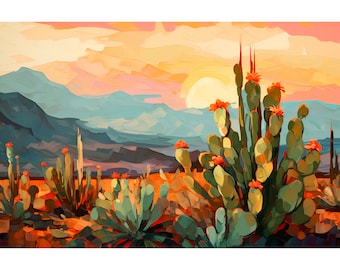 Abstract Desert Botanical Print Painted Desert Arizona Art Cactus Plant Painting Southwestern Wall Art Green Orange Colorful Landscape Print