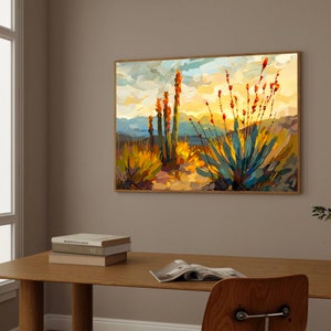 May include: A painting of a desert landscape with tall, slender cacti and a large agave plant in the foreground. The sky is a vibrant orange and yellow, with fluffy white clouds. The painting is done in a loose, impressionistic style.