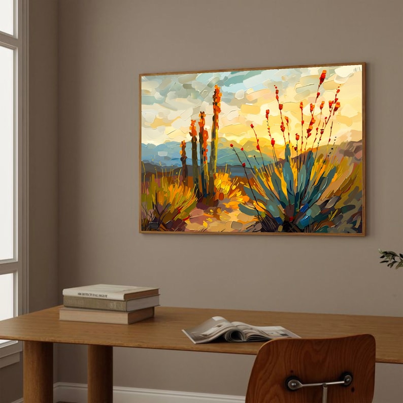 May include: A painting of a desert landscape with tall, slender cacti and a large agave plant in the foreground. The sky is a vibrant orange and yellow, with fluffy white clouds. The painting is done in a loose, impressionistic style.