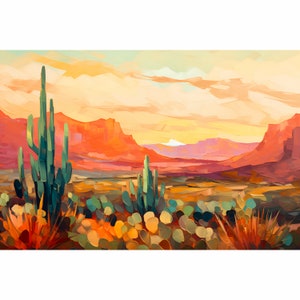 Texas Desert Sunset Print El Capitan Mountain Landscape Painting Western Decor Colorful Cactus Ocotillo Wall Art Botanical Art Print