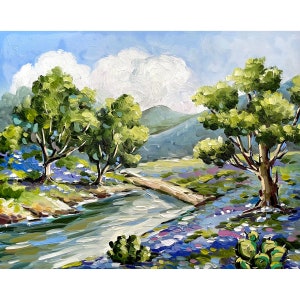 Texas Bluebonnet Print from Oil Painting Hill Country Wildflowers Art Austin Texas Wall Art Bluebonnet Painting Texas Travel Gift