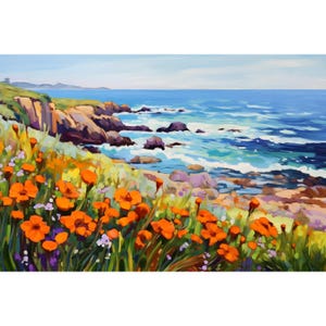 California Beach Flowers Print San Francisco Big Sur Landscape Painting Coastal Wall Art Vintage Midcentury Ocean Poster