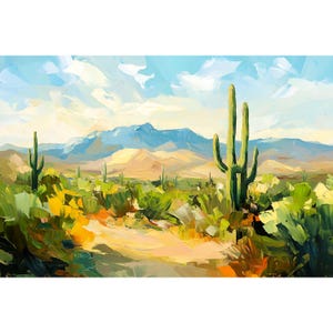 Sonoran Desert Print Arizona Landscape Painting Cacti Wall Art Yellow Green Southwestern Art Saguaro Cactus Artwork Botanical Wall Art