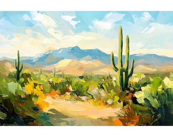 Sonoran Desert Print Arizona Landscape Painting Cacti Wall Art Yellow Green Southwestern Art Saguaro Cactus Artwork Botanical Wall Art