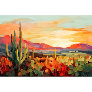 Sonoran Desert Landscape California Art Print Cacti Wall Art Sunrise Southwestern Painting Saguaro Cactus Artwork Nature Botanical Art