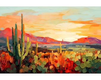 Sonoran Desert Landscape California Art Print Cacti Wall Art Sunrise Southwestern Painting Saguaro Cactus Artwork Nature Botanical Art