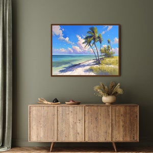 May include: A framed painting of a tropical beach scene with palm trees and a blue sky with white clouds. The beach is white sand and the water is a light blue.