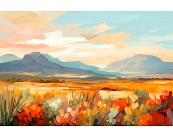 May include: A painting of a landscape with mountains in the background and a field of flowers in the foreground. The sky is a light blue with white clouds. The mountains are a dark blue and purple. The flowers are a variety of colors, including red, orange, yellow, and pink.