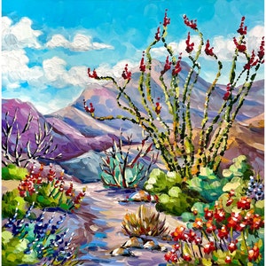 Texas Wildflowers Landscape Print Big Bend National Park Texas Travel Wall Art Ocotillo Desert Artwork Southwestern Art