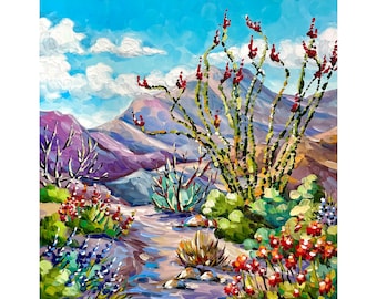 Texas Wildflowers Landscape Print Big Bend National Park Texas Travel Wall Art Ocotillo Desert Artwork Southwestern Art