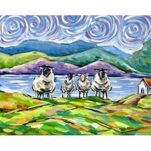 Scottish Sheep Art Landscape Print from Oil Painting Scotland Farmhouse Artwork Summer Vintage Sheep gift