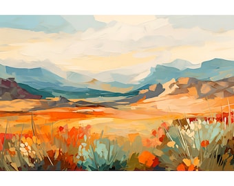 May include: A painting of a landscape with a field of flowers in the foreground and mountains in the background. The sky is a light blue with white clouds. The colors are muted and the overall effect is peaceful.