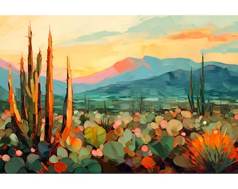 Puede incluir: Pintura de paisaje abstracto que representa una escena desértica con cactus y montañas. La obra de arte utiliza una paleta de verdes, naranjas y azules para representar las plantas, las montañas y el cielo. El estilo recuerda al impresionismo.