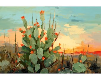 Texas Guadalupe Peak Print Colorful Cactus Landscape Painting Western Texas Decor Prickly Pear Cactus Wall Art Botanical Poster
