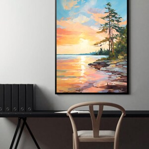 Sunrise Forest Lake Painting Neutral Landscape Wisconsin Art Print Pine ...